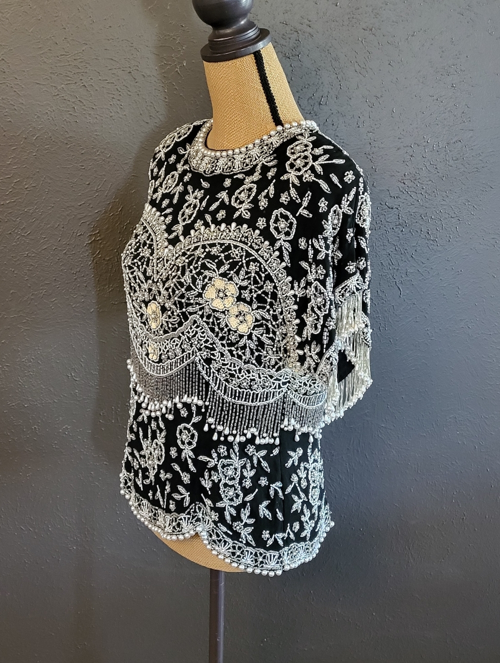 Oleg Cassini Black Tie Vintage 80s Black Silk Beaded Top Large - Picture 2 of 11